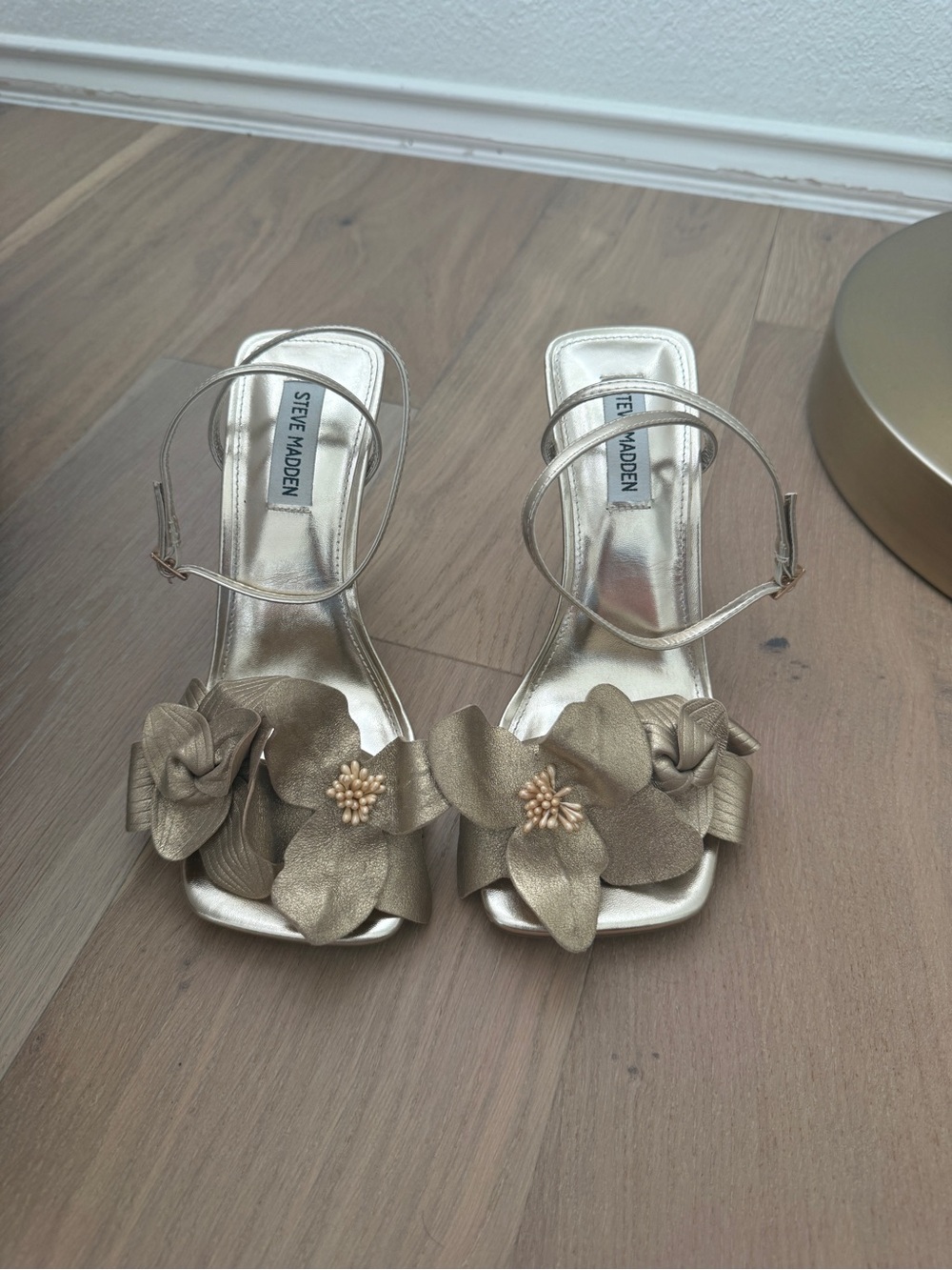 Steve Madden Metallic Gold Floral Ankle-Strap Heels